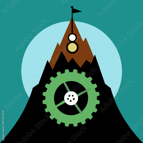 Vector art of gear on a mountain peak with a flag symbolizing achievement and success
