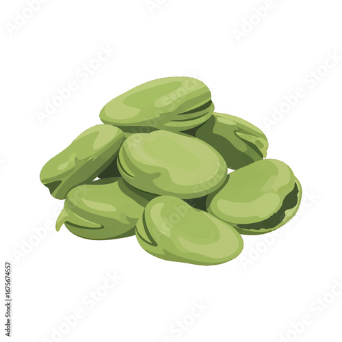 A close-up view of a cluster of vibrant green broad beans, showcasing their smooth, textured surfaces against a striking black background.