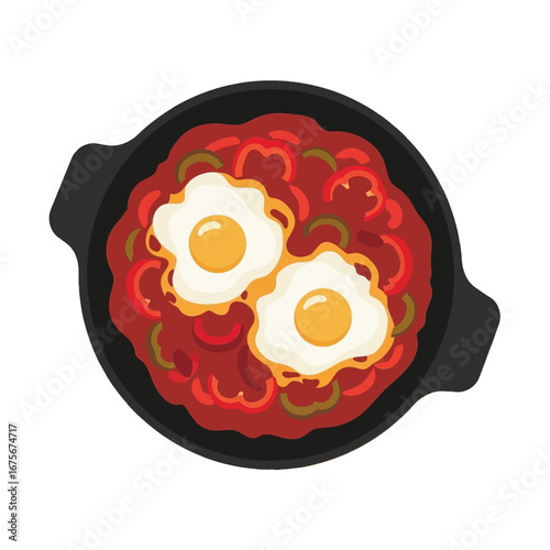 Two fried eggs atop a vibrant red sauce, a colorful and appetizing breakfast dish in a dark pan.