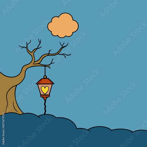 Vector art of whimsical night scene with a bare tree, a glowing lantern, and a cloud