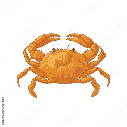 A detailed illustration of a cooked crab, showcasing its shell's warm, golden hue against a striking black background.