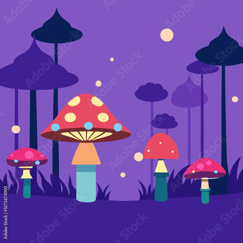 Vector art of whimsical forest scene with glowing mushrooms and fireflies at night