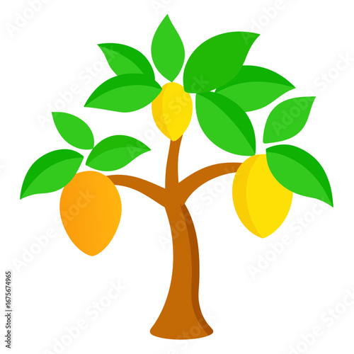 Vector art of cartoon lemon tree with green leaf and yellow fruit