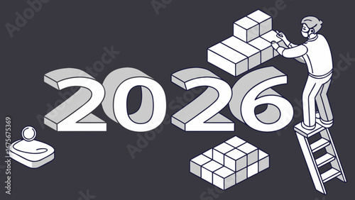 Colorful 2026 design featuring bold numbers lit with glowing lights. A person climbs stairs, drawing an upward arrow, symbolizing progress, growth, and new opportunities for the future.