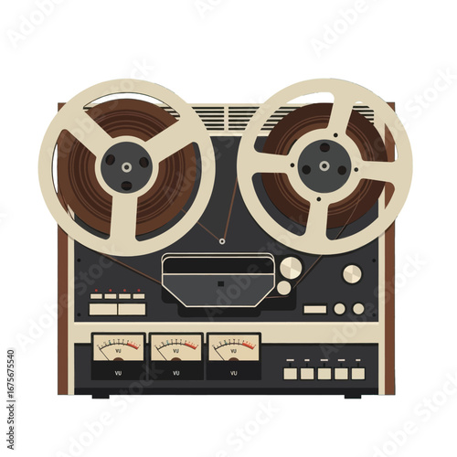 A vintage, flat illustration of a classic reel-to-reel tape recorder, showcasing its intricate design and warm color palette.