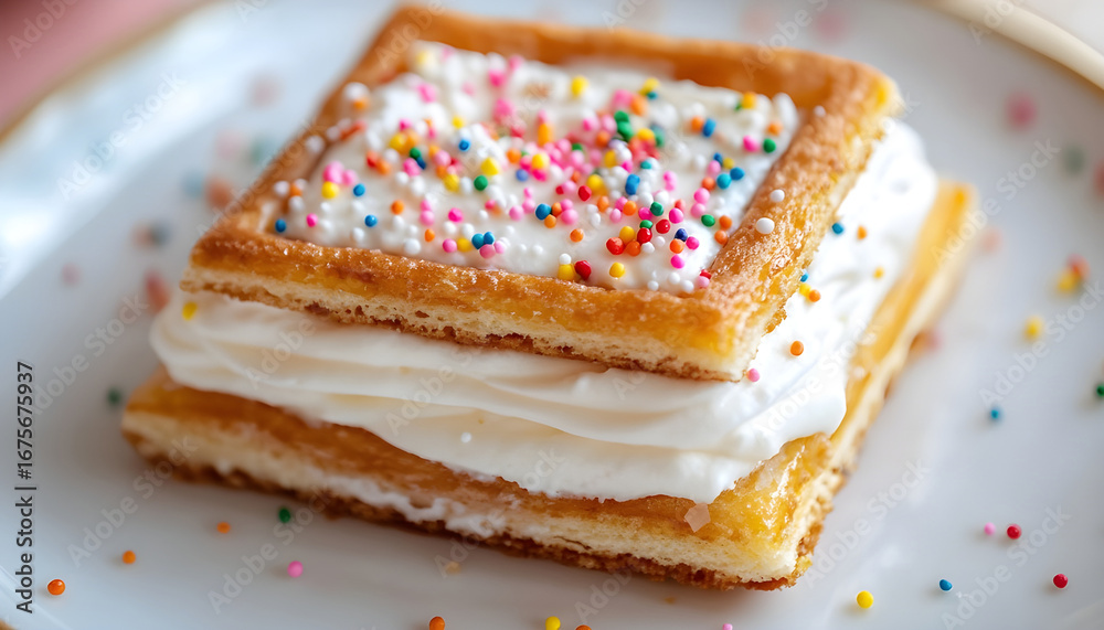 A close-up of a sweet dessert featuring a crispy sandwich filled with creamy white frosting, adorned with sprinkles A close-up of a sweet dessert featuring a crispy sandwich filled with creamy white frosting, adorned with sprinkles