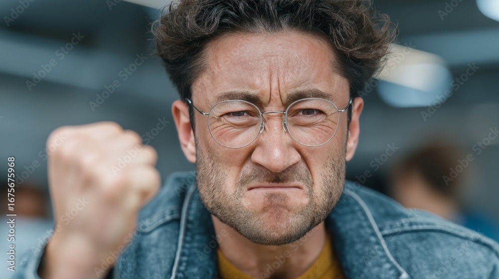 Obraz premium Frustrated man clenching fist for stress-related content, mental health awareness, and workplace tension visuals, mid-range close-up, neutral office background, eye contact, right side focus
