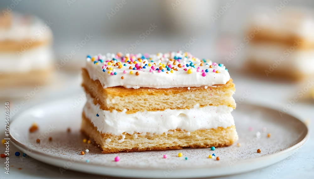 A close-up of a sweet dessert featuring a crispy sandwich filled with creamy white frosting, adorned with sprinkles