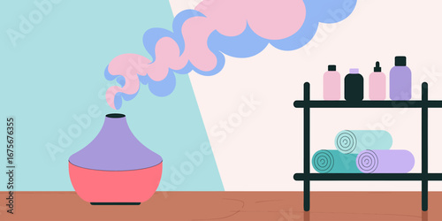 A colorful flat vector illustration of an aromatherapy diffuser releasing fragrant steam in a tranquil spa setting