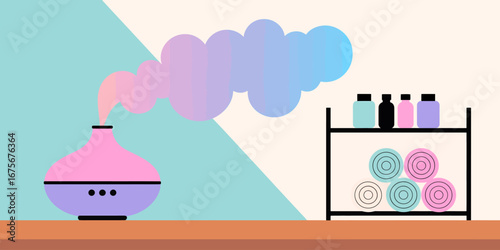 Minimalist Illustration of an Aromatherapy Diffuser with Essential Oils and Rolled Towels on a Shelf