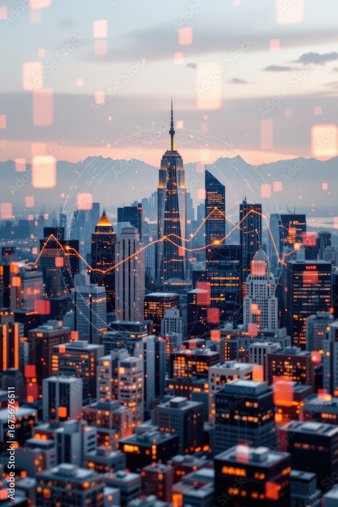Fototapeta premium Vibrant City Skyline with Digital Overlay and Graphical Elements at Sunset