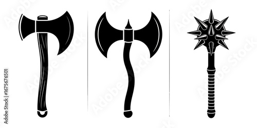 Stylized Digital Illustration of Medieval Axes and a Mace Dark Ages Weapons Set