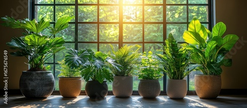 Potted plants basking in sunlight by a window.