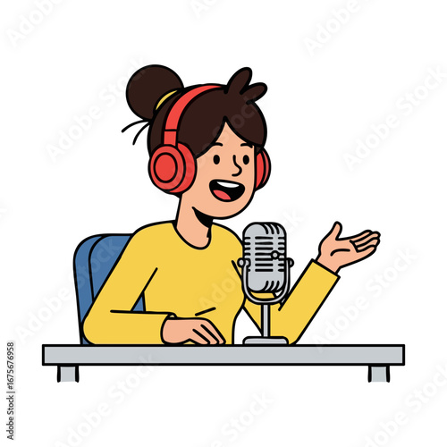 Young woman with headset and microphone holding podcasting equipment smiling naturally in illustration