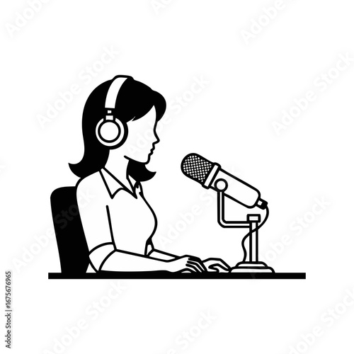 Young woman with headset and microphone holding podcasting equipment smiling naturally in illustration
