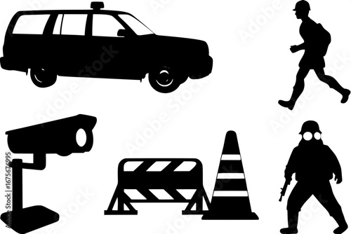 "Balanced icon collection in minimalist flat line style: patrol vehicle, hazard cone, emergency exit running man, security camera, stop traffic sign, barricade with small figures, first responder with