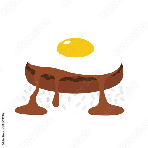 A stylized illustration of a plate of luau, featuring a fried egg, savory meat, and a generous portion of white rice.