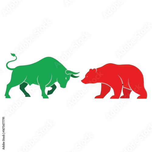 A simple, yet impactful, illustration of a green bull and a red bear facing off, symbolizing the opposing forces of bull and bear markets in finance.