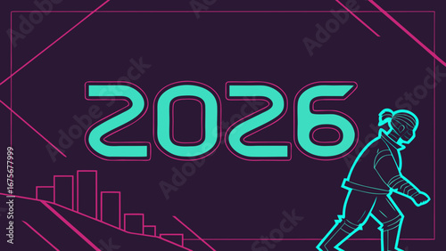 Colorful 2026 design featuring bold numbers lit with glowing lights. A person climbs stairs, drawing an upward arrow, symbolizing progress, growth, and new opportunities for the future.