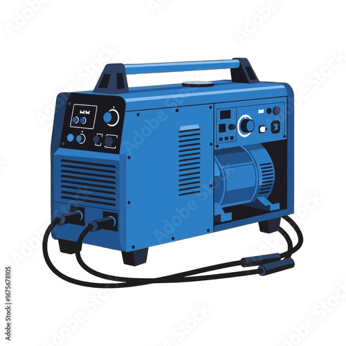 A detailed illustration of a robust blue welding machine, featuring control panels and a generator, against a black backdrop.