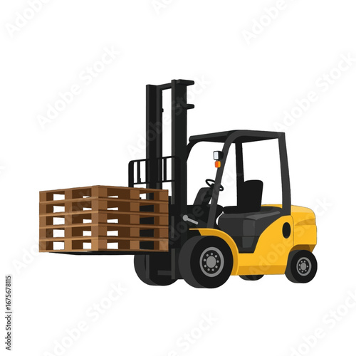 A yellow forklift carries a wooden pallet against a dark background.