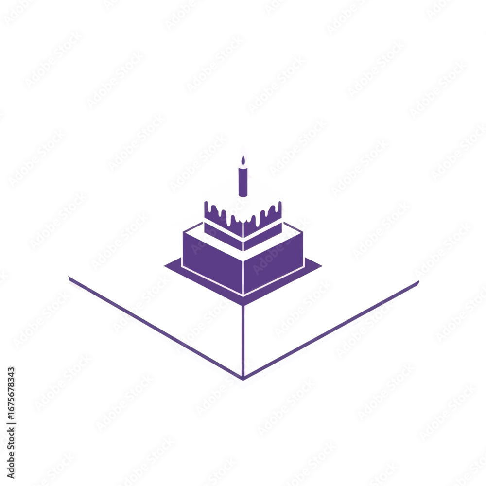 Obraz premium A simple, two-tiered birthday cake, rendered in purple and white, sits atop a square white base against a black background.