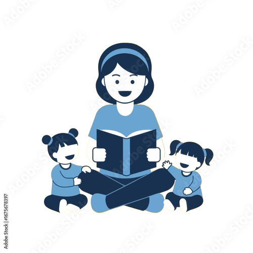 A mother and her two daughters are happily reading together, showcasing a warm and intimate family moment.