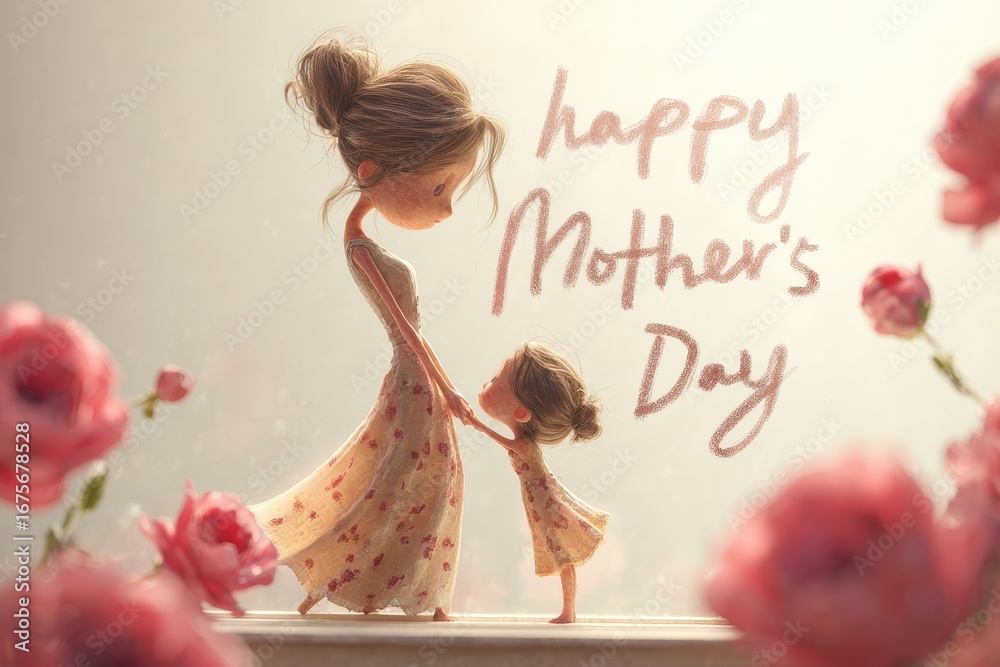 Fototapeta premium Heartwarming illustration of a mother and daughter celebrating Happy Mothers Day in a serene setting adorned with blooming flowers during early morning