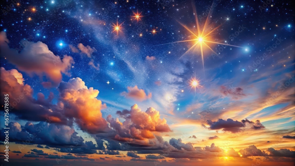 Obraz premium Celestial scene with vibrant stars and puffy white clouds against a deep blue sky at sunset