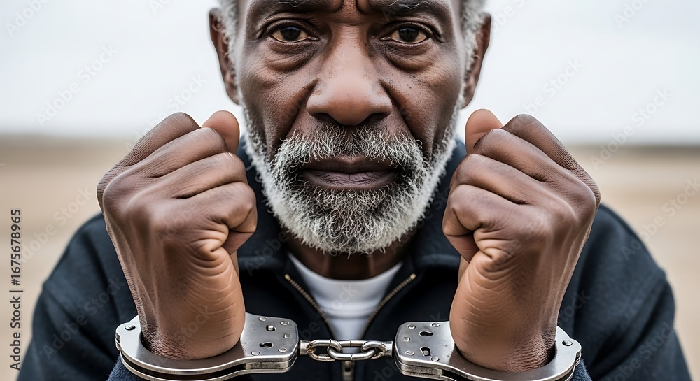 © MdLutfur - An older african american man is seen wearing handcuffs, possibly symbolizing arrest, crime, or imprisonment, with a serious expression on his face