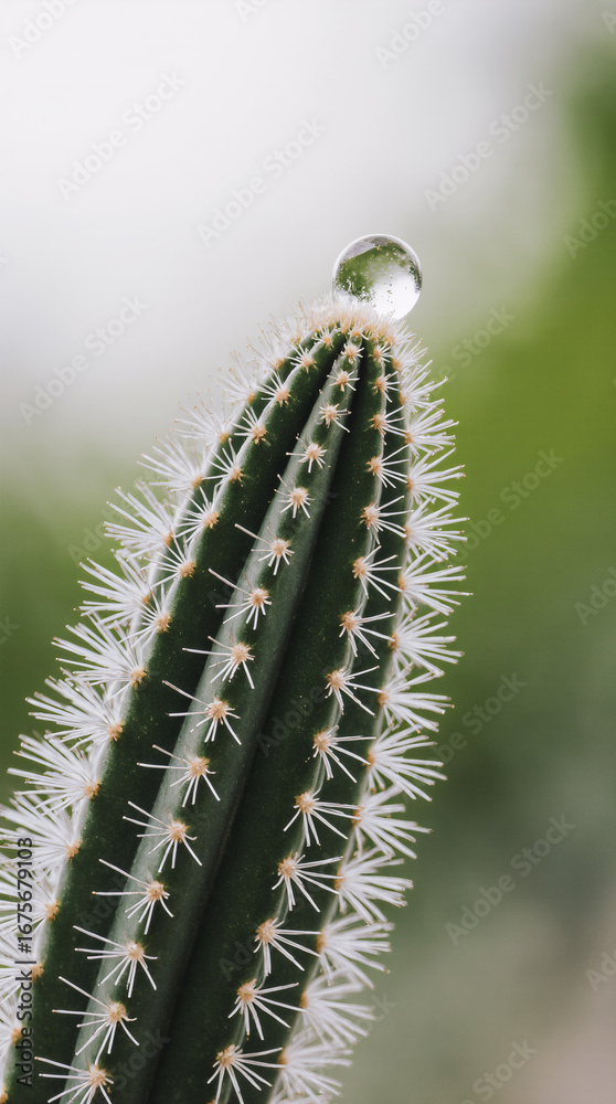 Naklejka premium A detailed macro shot captures a dewdrop shimmering on the tip of a cactus spine, with a soft green background for focus and calm