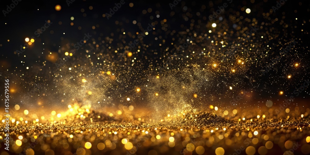 Naklejka premium Glittering golden dust settles on a dark and mysterious black background