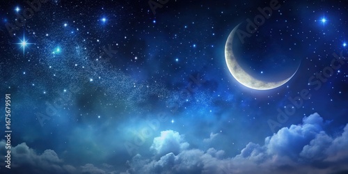 Dark indigo night sky with stars and a crescent moon