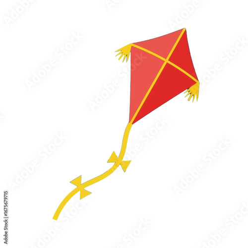A vibrant red kite, outlined in yellow, soars against a stark black background.