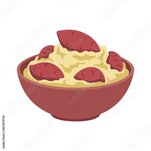 A colorful illustration of a bowl filled with mashed sweet potatoes and sweet potato pieces.