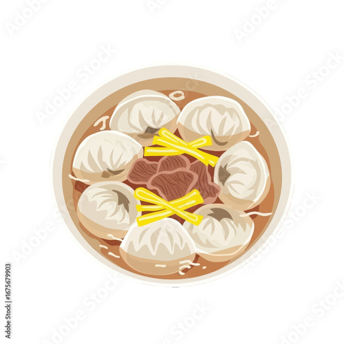 A high-angle, colorful, and appetizing illustration of a bowl of dumplings in broth, showcasing the rich, warm tones of the dish.