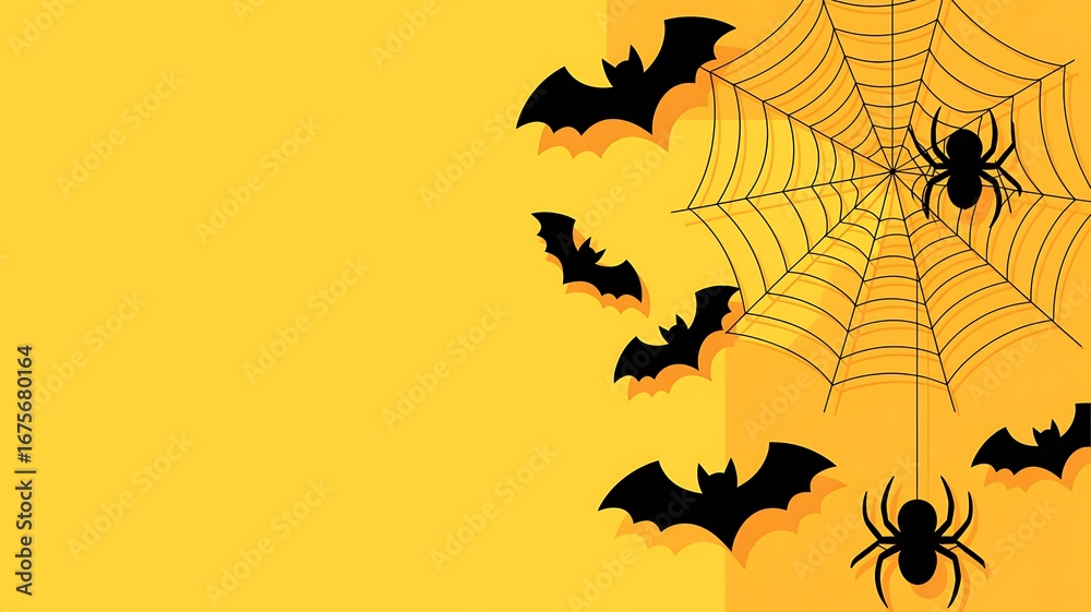 Naklejka premium Spooky Halloween Background with Bats Spiders and Cobweb Featuring Vibrant Yellow Color Palette and Copy Space for Festive Invitations