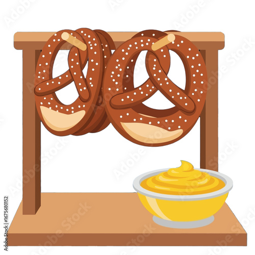 A display of baked pretzels, ready for dipping, sits on a simple wooden stand.