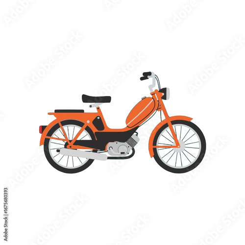 A vibrant orange moped, presented in a simple, flat design against a striking black background.