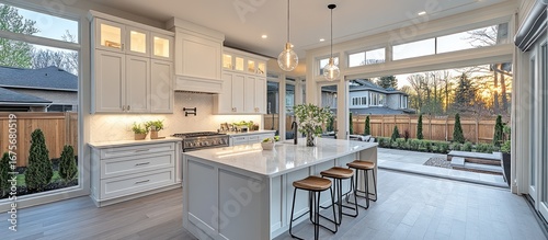Modern kitchen with large windows opening to backyard patio.