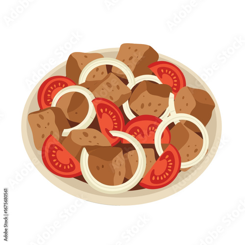 A colorful plate of diced meat, sliced tomatoes, and onion rings arranged artfully on a light-colored plate.