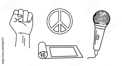 Vector icons set for the concept of protest, human rights, and peaceful demonstration with fist, peace sign, microphone, and banner
