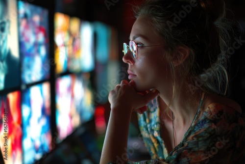 Wallpaper Mural Young woman focused on digital creative work in a dimly lit studio surrounded by vibrant screens displaying various designs and artworks Torontodigital.ca