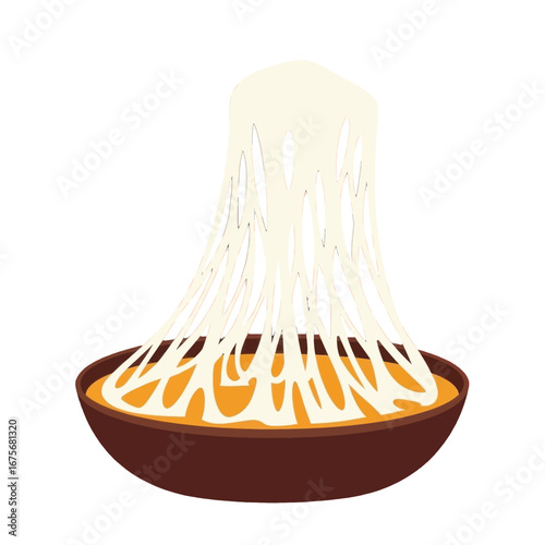 A stylized illustration of a bowl of food, featuring long, white noodles suspended above a vibrant orange liquid.