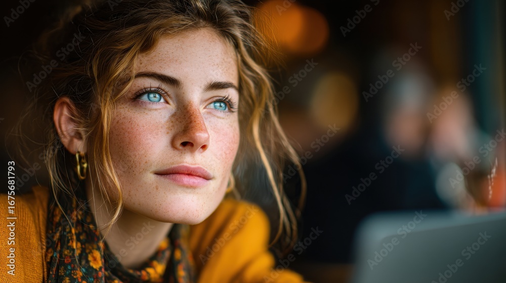 Fototapeta premium Young woman with blue eyes and freckles gazes thoughtfully while seated in a cozy caf?