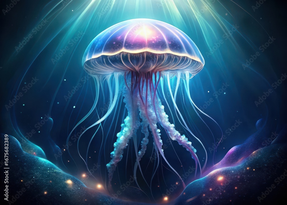 Fototapeta premium Elegant Underwater Jellyfish with Luminous Body and Flowing Tentacles