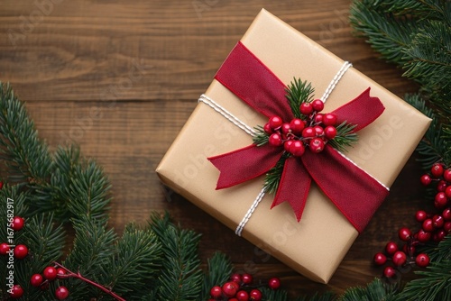 Golden gift box wrapped with red ribbon and decorated with berries and pine leaves on wooden surface surrounded by evergreen branches and red berries