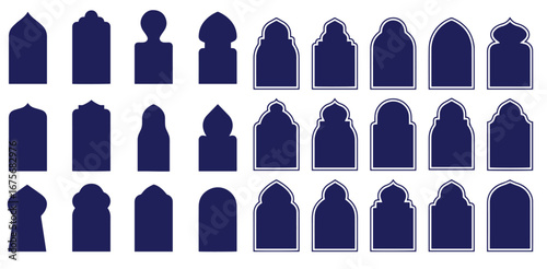 Set of silhouettes of arches in Arabic design. Collection of doors and windows in oriental style. Vector illustration isolated on white background