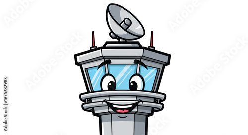 Cartoon Air Traffic Control Tower with a Friendly Face and Antenna.