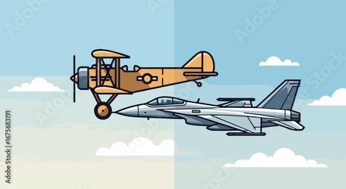 Biplane and Jet Fighter A Cartoon Aviation Contrast.